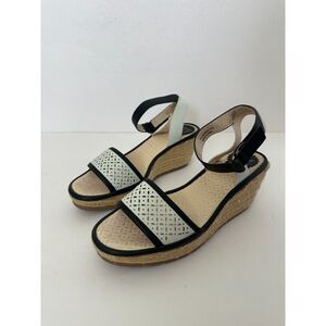 FLY London Sandal Wedge Espadrille Ekal White Black Womens 38 / 7.5